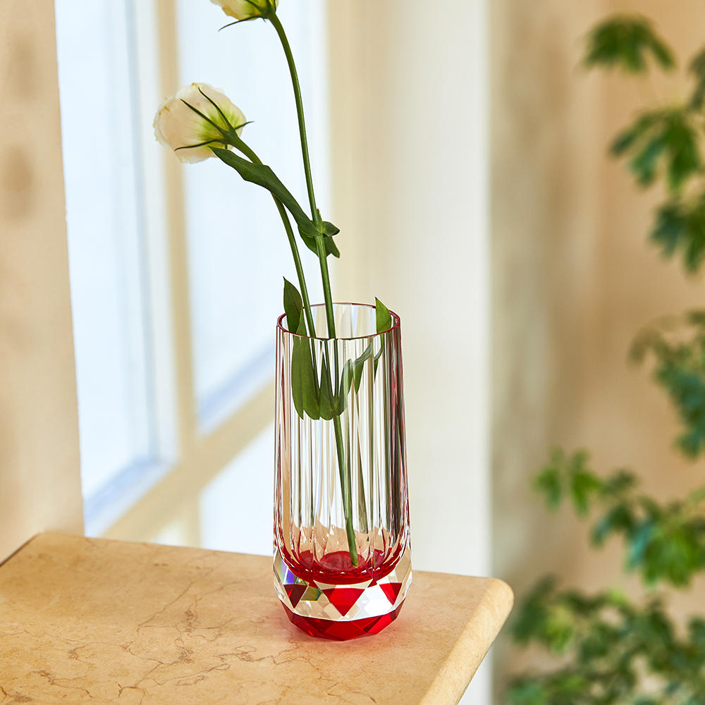 Red multi-faceted crystal vase