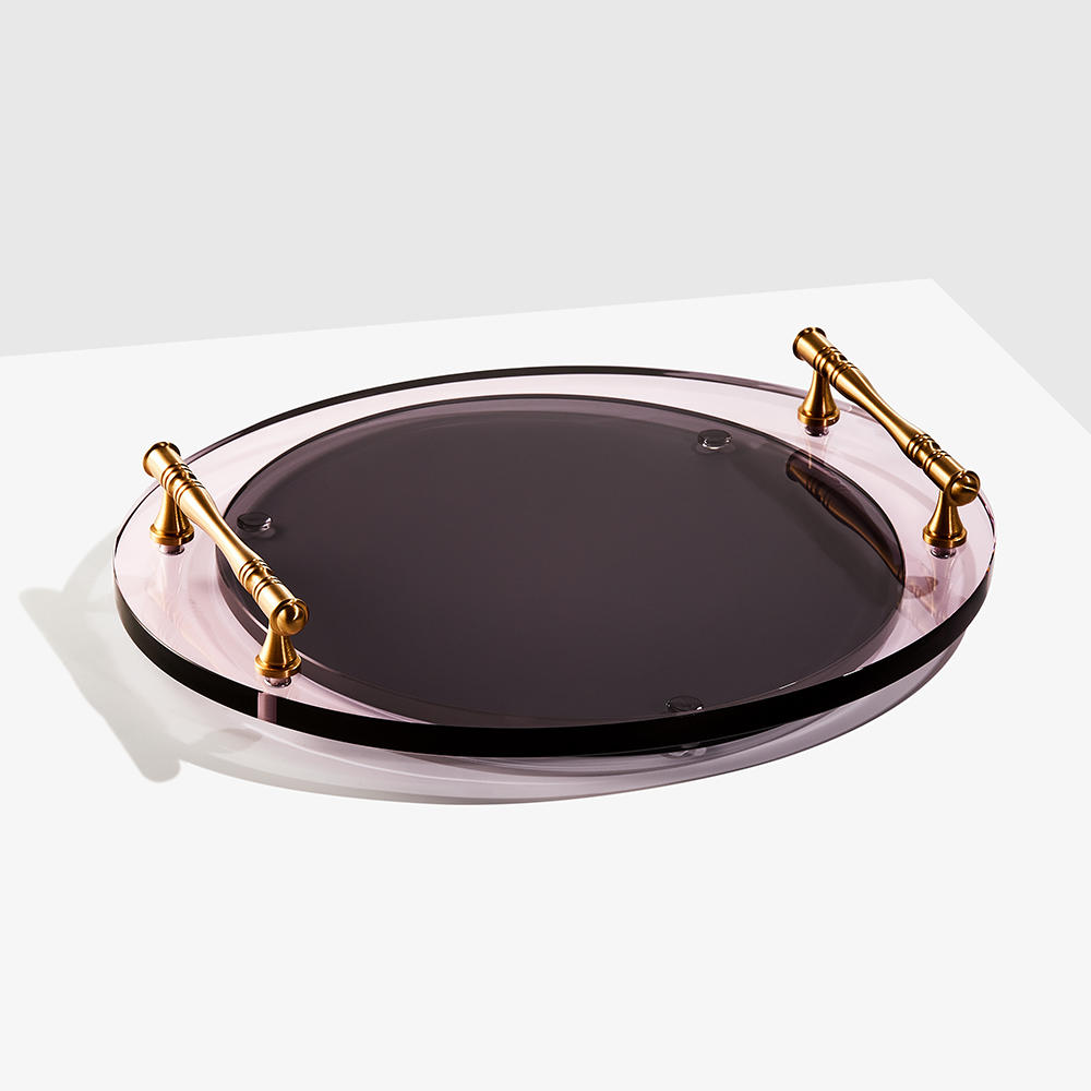 Oval pink crystal metal handle tray